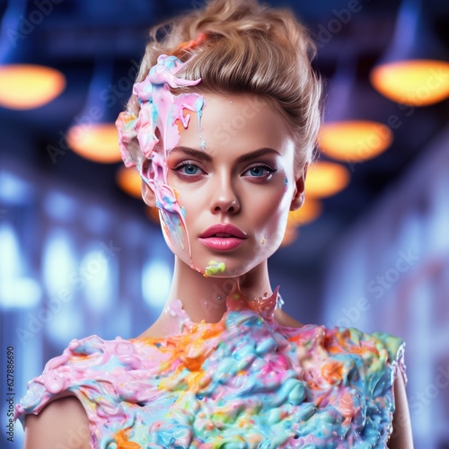 Close up Portrait of most beautiful and perfect young female full covered with colorful ice cream