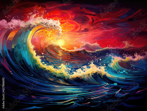 Colorful illustration of turbulent psychedelic ocean wave at sunset.