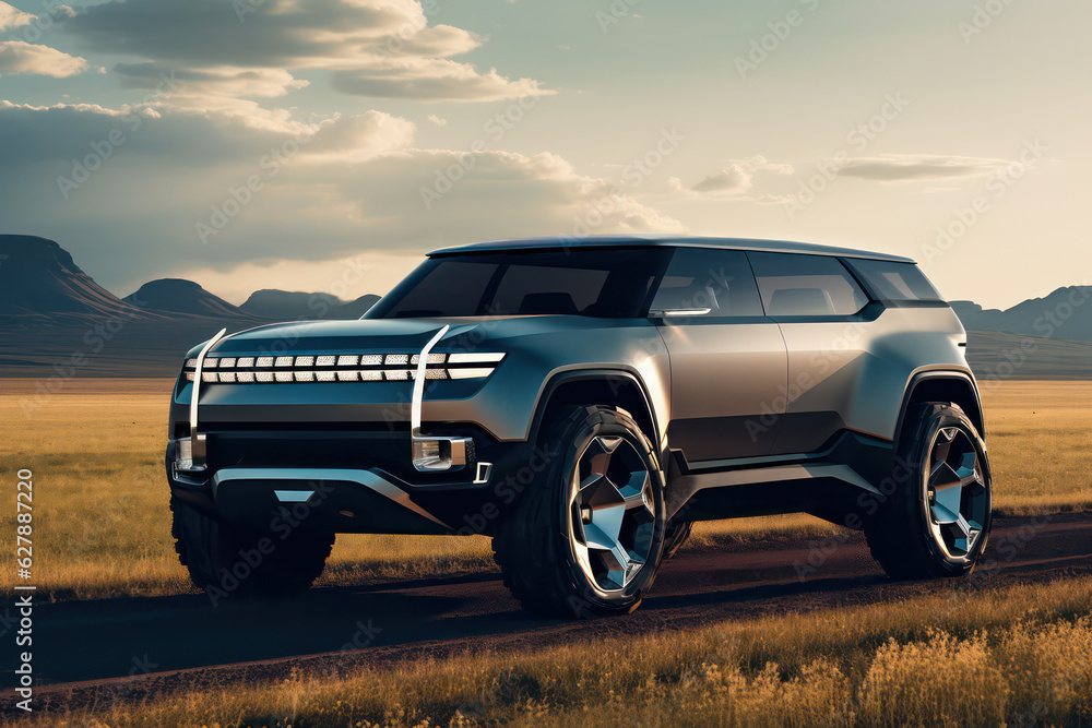 Advertising style concept SUV, sport utility vehicle on the road with the countryside and open fields as the backdrop, SUV concept vehicle, rural lands, fields and skies, early morning, sunrise
