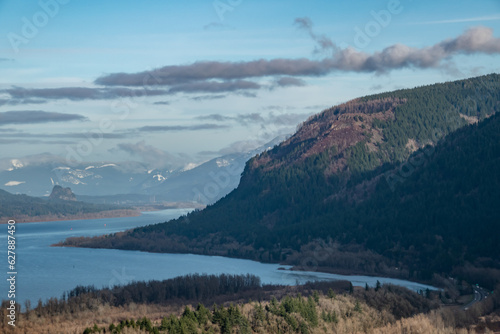 View of Columbia River and Mountains of Columbia River Gorge, OR © Brandon