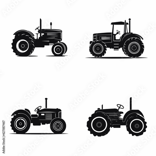 Simple 2d black silhouette Vintage , black accents, flat, sharper, white background, vector , antique tractor silhouette