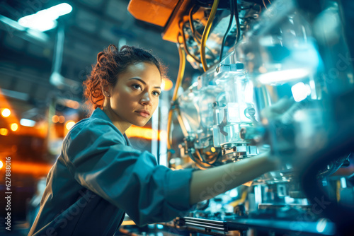 Confident female worker skillfully operating high-tech machinery in a modern automotive manufacturing setting