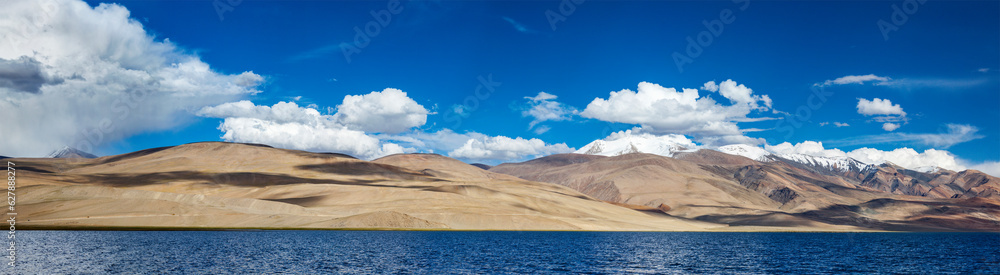 Panorama of lake Tso Moriri in Himalayas, Ladakh