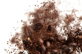 Coffee bean powder fly explosion, Coffee crushed ground float pouring, wave like smoke smell. Coffee bean powder splash throwing in mid Air. White background Isolated selective focus blur