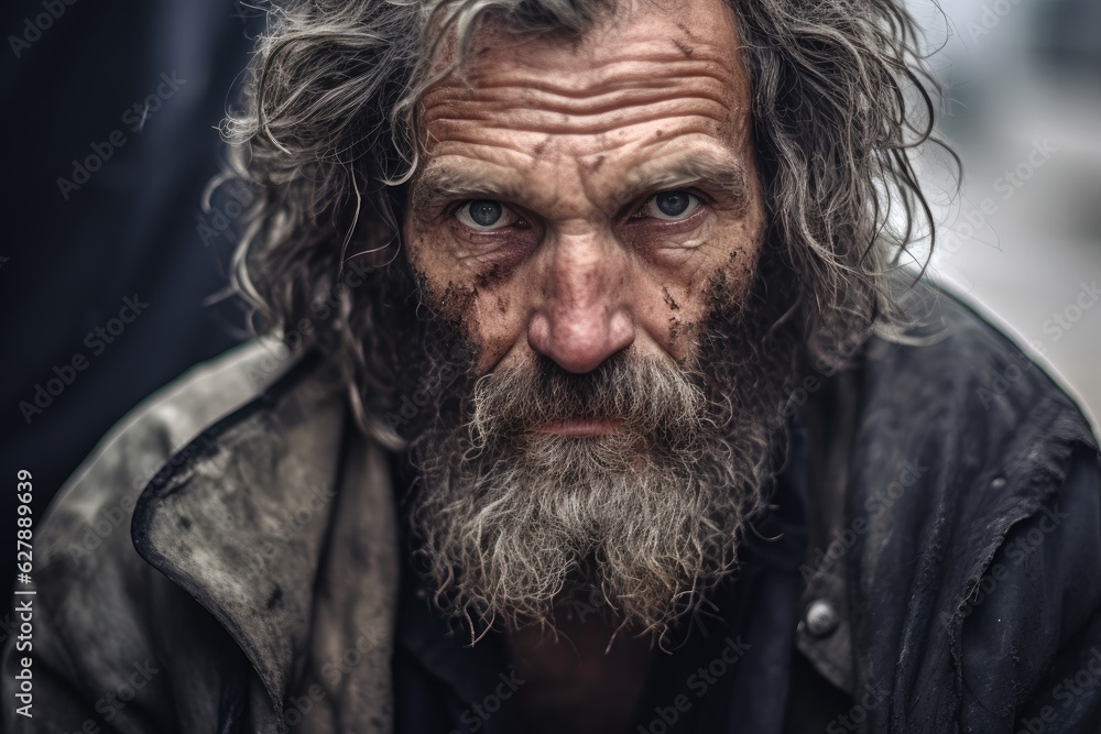 photo portrait of a homeless hobo old man with old clothes, a beard and messy dirty grey hair. sitting and begging money and food on a american street. cold rainy day. Generative AI photo portrait of a homeless hobo old man with old clothes, a beard and messy dirty grey hair. sitting and begging money and food on a american street. cold rainy day. Generative AI