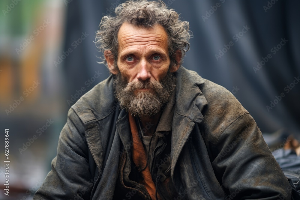 photo portrait of a homeless hobo old man with old clothes, a beard and messy dirty grey hair. sitting and begging money and food on a american street. cold rainy day. Generative AI