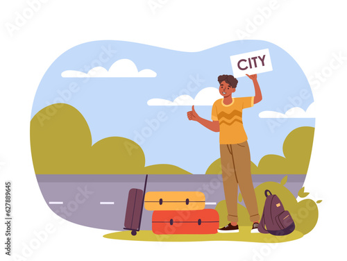 Auto stop concept. Man with colorful luggage stand near highway. Trip and travel, tourism. Young guy with sign with inscription city near suitcases. Cartoon flat vector illustration
