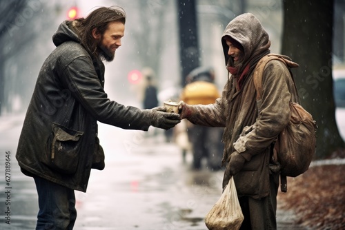 photo portrait of a passer-by man gives food and money to homeless man with old clothes and messy dirty grey hair Fototapet