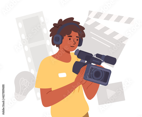 Boy with videocamera concept. Cute and adorable teenager with camera. Paparazzi and blogger. Teenager creates interesting content for social networks. Cartoon flat vector illustration