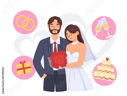 Newlywed couple concept. Man in suit and woman in white dress embrace. Bride and groom, husband and wife with bouquet of flowers. Love and romantic relationships. Cartoon flat vector illustration