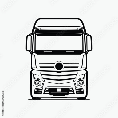 Truck Front View Vector. Silhouette Monochrome European Semi Truck Vector Isolated