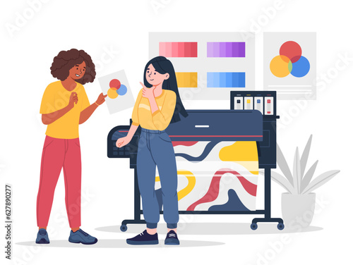 People print colors concept. Man and woman near color printer. Modern technologies and innovations. Interior and clothing designers near pack of palettes. Cartoon flat vector illustration