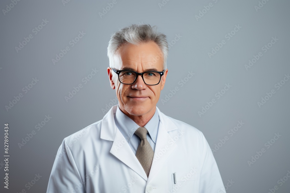 Portrait of friendly european doctor in workwear with stethoscope on neck posing in clinic interior, looking and smiling at camera Portrait of friendly european doctor in workwear with stethoscope on neck posing in clinic interior, looking and smiling at camera