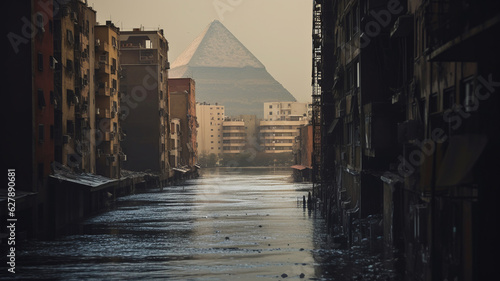 Cairo is flooded due to global warming and rising sea levels. Against the background of the destroyed Cairo - the great pyramid of Giza.