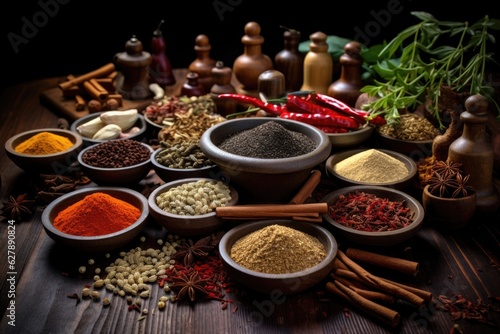 Variety of spices and herbs on a wooden table. ai generative © InfiniteStudio