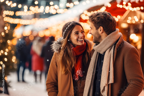 Fotografia, Obraz A young cheerful couple having a walk with hot drinks, dressed warm, looking at each other and laughing, snowflakes all around