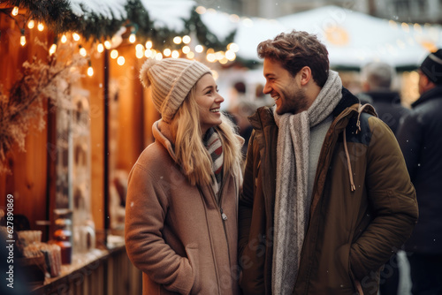 A young cheerful couple having a walk with hot drinks, dressed warm, looking at each other and laughing, snowflakes all around. Enjoying Christmas Market © MVProductions