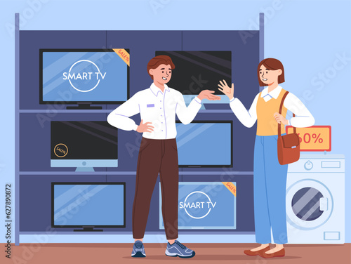 Man sale TV concept. Young guy with girl at electronics store or shop. Consultant and assistant gives advice to buyer. Commerce and marketing, business. Cartoon flat vector illustration