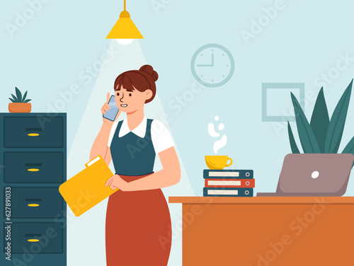 Woman secretary concept. Young girl in office with folder of documents. Character talking on phone. Clerk or manager at workplace. Employee and staff. Cartoon flat vector illustration
