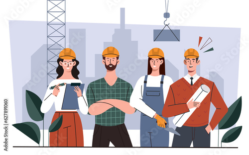 Builders in hats concept. Men and women with blueprints and construction shovel against backdrop of buildings. Team of architects and engineers. Cartoon flat vector illustration