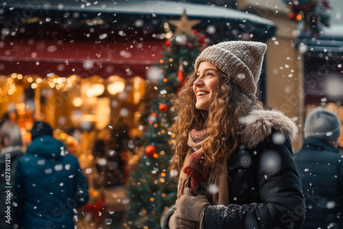 An attractive young woman standing outside in the snow and enjoying Christmas Market © MVProductions
