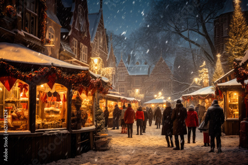 Enjoying Christmas Market, blurred people walking in the street and standing near stalls © MVProductions