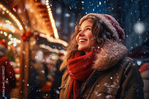 An attractive young woman standing outside in the snow and enjoying Christmas Market