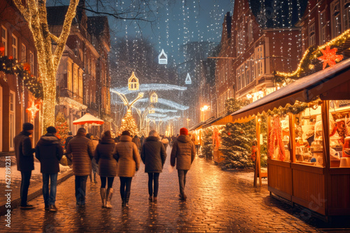 Enjoying Christmas Market, blurred people walking in the street and standing near stalls