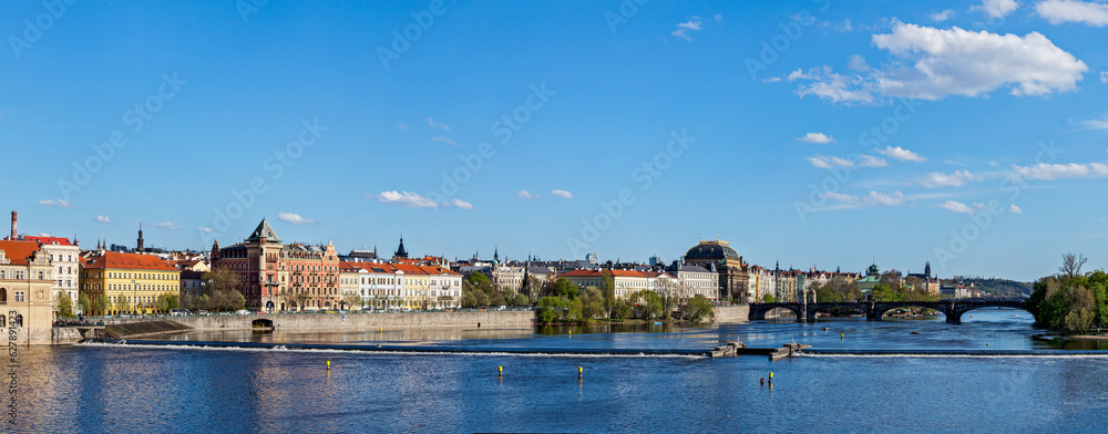 Panorama of Prague Stare Mesto embankment and Vltava river view from Charles bridge. Prague, Czech Republic
