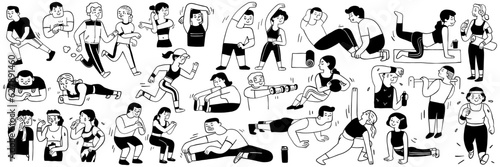 Cute character doodle illustration of different people doing outdoor workout, fitness, exercise, activities. Outline, linear, thin line art, hand drawn sketch, black and white ink style. 
