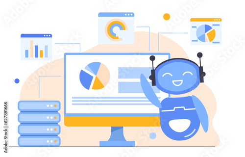 Data extraction concept. Bot on background of graphs and charts. Process automation and machine learning, artificial intelligence. Chatbot with infographic. Cartoon flat vector illustration