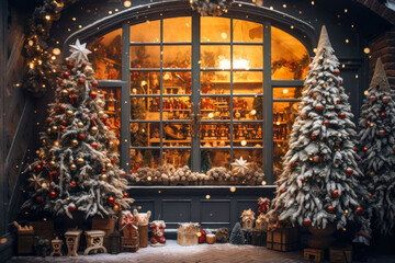 Christmas trees and decoration in front of the shop, winter street market, with no people