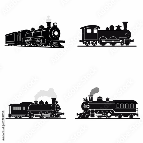 Simple 2d black silhouette Vintage , black accents, flat, sharper, white background, vector , train