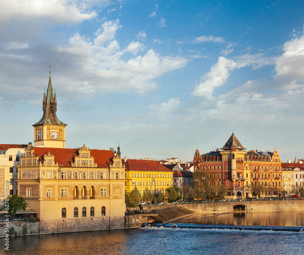Naklejka premium Prague Stare Mesto embankment view from Charles bridge on sunset. Prague, Czech Republic
