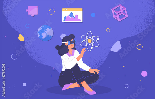 Woman in metaverse concept. Young girl in vr glasses. Virtual reality and cyberspace. Modern technologies and innovations, training and education. Cartoon flat vector illustration