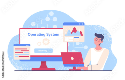 Operating system concept. Man behind laptop updates computer, downloads and uploads files. IT specialist and programmer at workplace. Program and software. Cartoon flat vector illustration