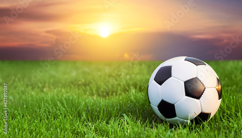 soccer ball on green grass with sunset background. © Uuganbayar