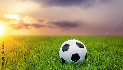 soccer ball on green grass with sunset background.