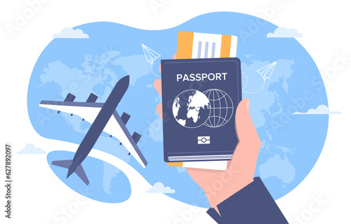 Plane ticket with passport concept. Travel and immigration. Tourism, flight and trip, journey. Holiday and vacation. Pass to airplane. Template, layout and mock up. Cartoon flat vector illustration