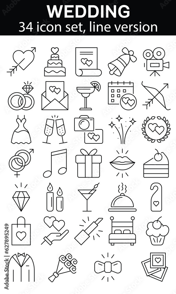 Set of outline wedding icons. Minimalist thin linear web icons bundle. vector illustration. Set of outline wedding icons. Minimalist thin linear web icons bundle. vector illustration.