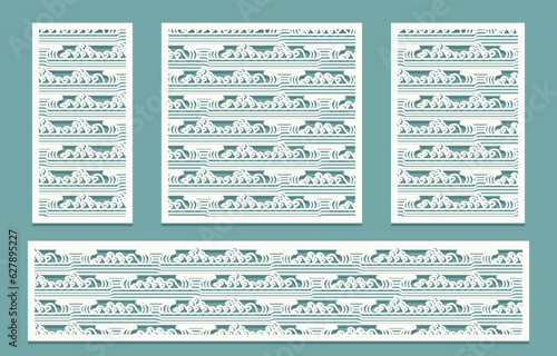 Set of Laser cut template pattern. Panel design Rivers waves Asian style scenery. Metal cutting or wood carving, paper art, card background or interior decor.