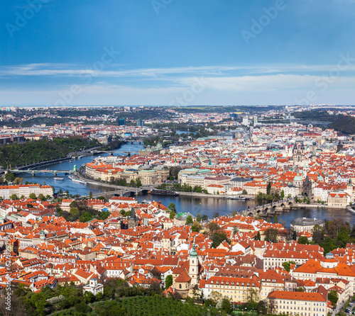 View of Charles Bridge over Vltava river and Old city from Petri