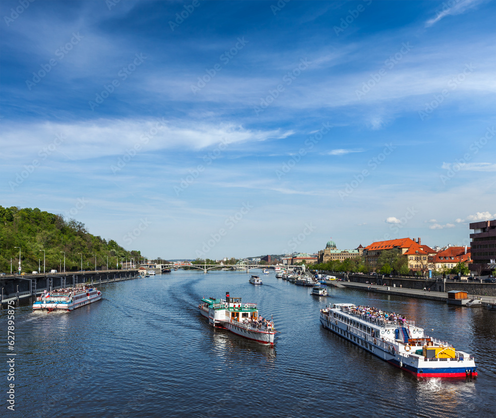 Tourist boats on Vltava river in Prague, Czech Republic