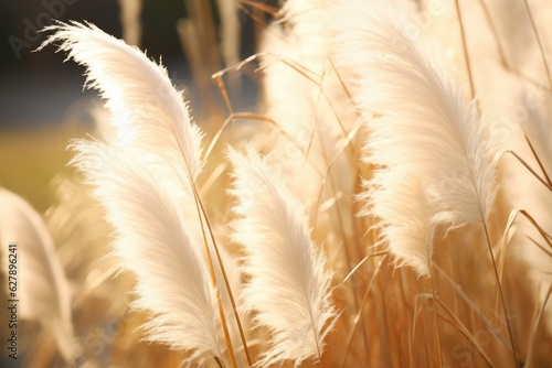 Abstract natural background of soft plants Cortaderia selloana. Pampas grass on a blurry bokeh  Dry reeds boho style. Fluffy stems of tall grass. ai generative