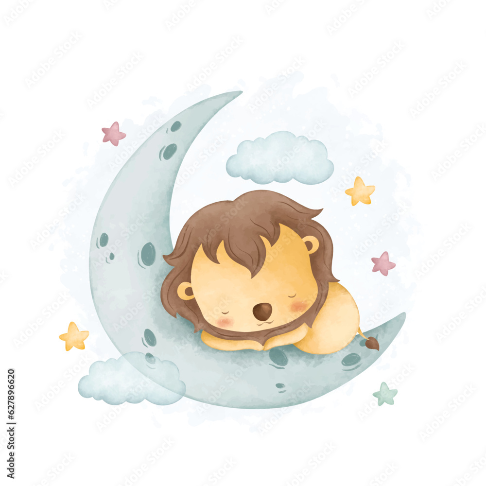 Watercolor illustration cute lion sleeps on moon with stars Watercolor illustration cute lion sleeps on moon with stars