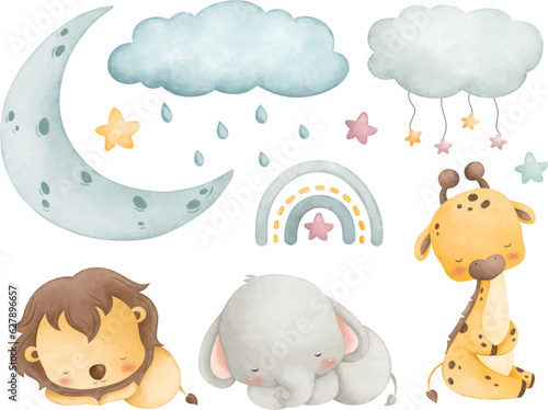 Photography Watercolor illustration set of sleep baby safari animals with moon, stars, cloud