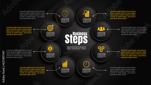 black infographic chart templates, background for presentations, advertising, layouts, annual reports, timeline concept 8 options, steps.