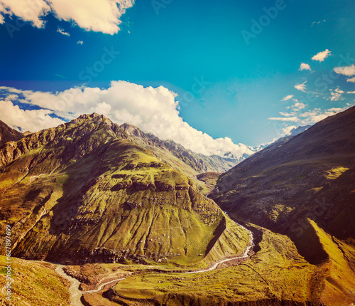 Vintage retro effect filtered hipster style travel image of Himalayan valley in Himalayas. Lahaul valley, Himachal Pradesh, India