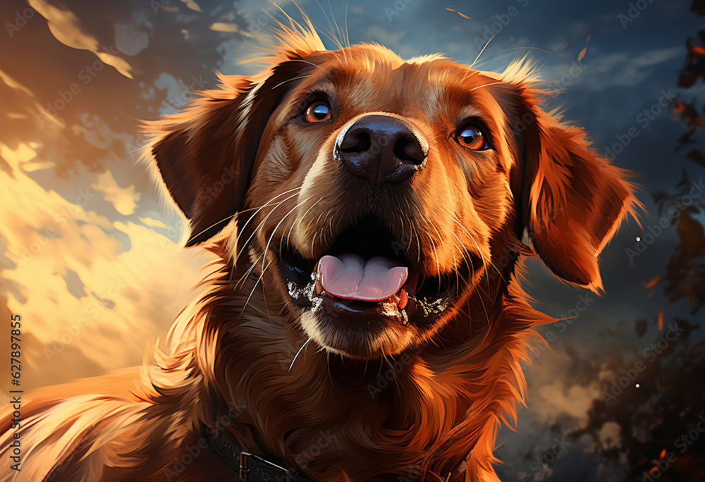 brown dog with big eyes in sunset, in the style of digital art techniques