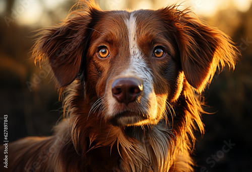 brown dog with big eyes in sunset, in the style of digital art techniques © Avalga